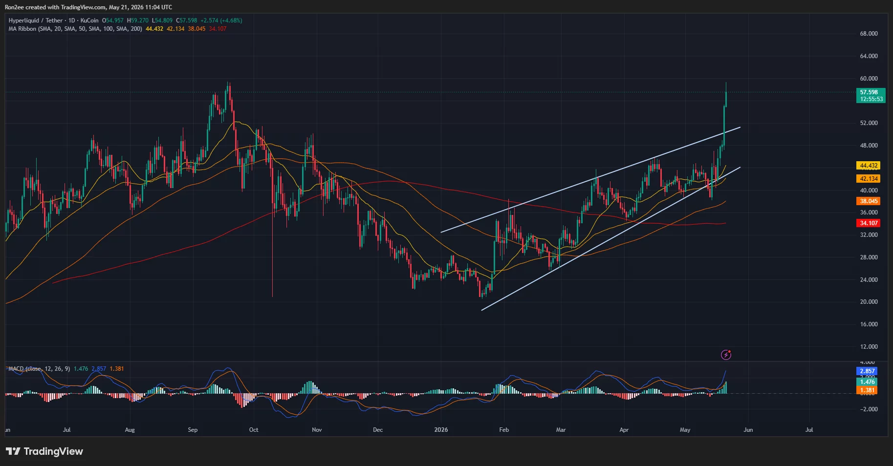 Hyperliquid price has formed a rising wedge pattern on the daily chart.