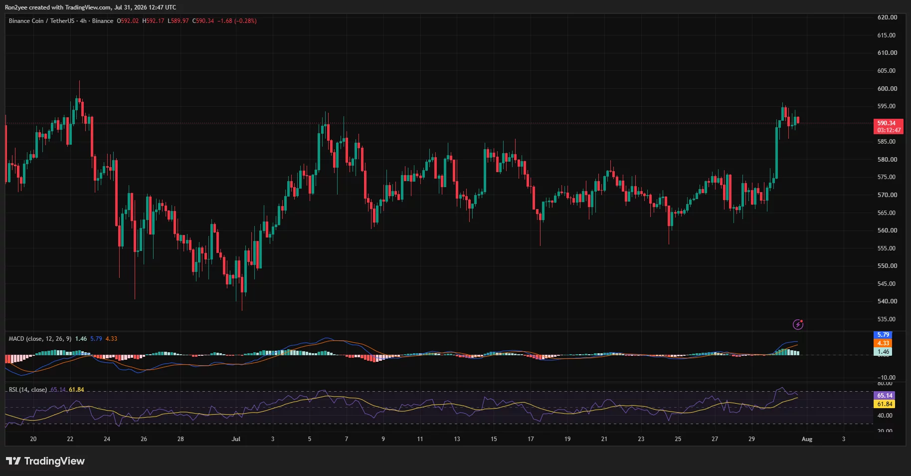 BNB 4-hour chart shows a breakout toward $595, supported by bullish MACD and RSI at 65.
